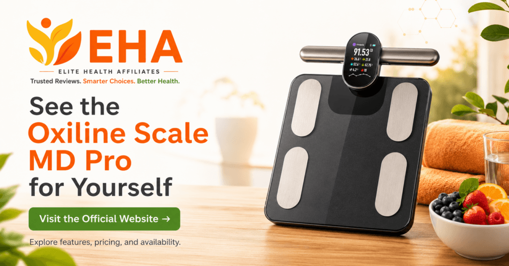 Oxiline Scale MD Pro shown in a bright EHA lifestyle setting with a soft call to visit the official website for current features, pricing, and availability