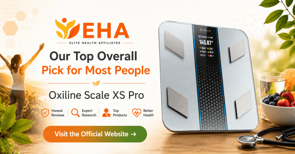 Oxiline Scale XS Pro highlighted as EHA’s top overall smart scale pick for most people, with a call to visit the official website