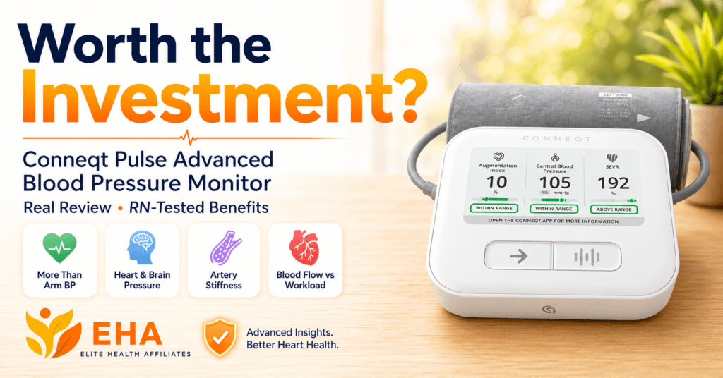 Conneqt Pulse advanced blood pressure monitor featured image showing the device, cuff, and key benefits including heart and brain pressure, artery stiffness, and blood flow vs workload. Image is asking is Conneqt Pulse worth it.