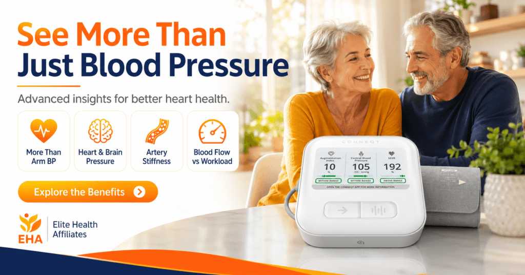 Conneqt Pulse lifestyle image showing an older couple with the advanced blood pressure monitor and benefit callouts for heart and brain pressure, artery stiffness, and blood flow vs workload.