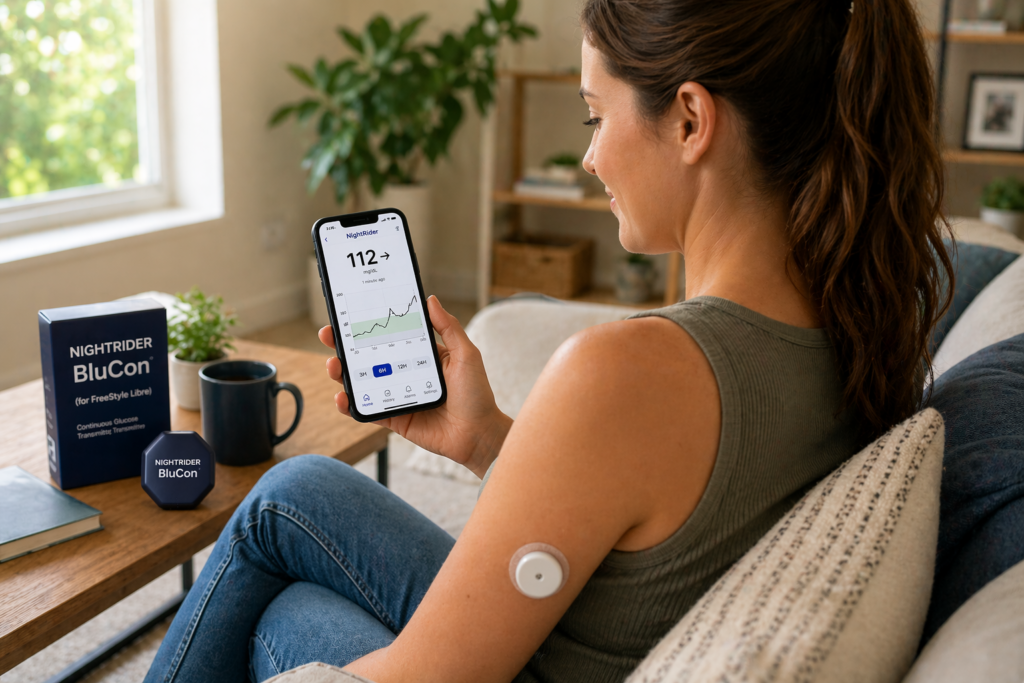 Woman using FreeStyle Libre with NightRider BluCon checking real-time glucose levels on smartphone