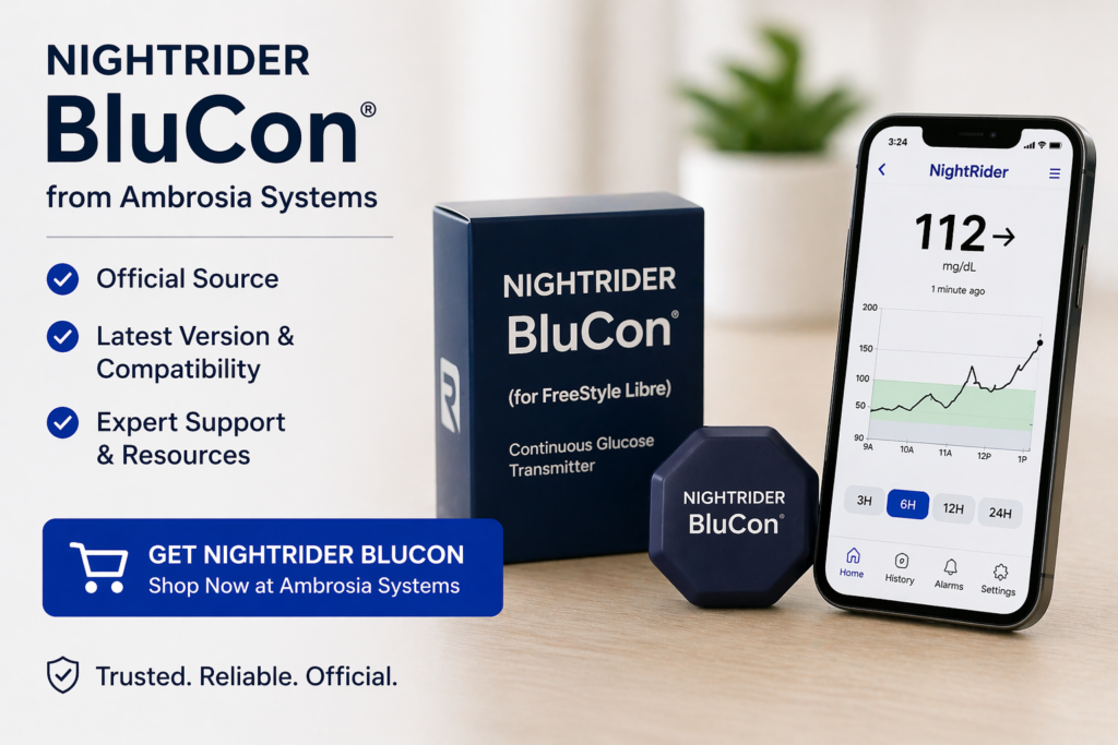 NightRider BluCon device with smartphone app showing real-time glucose data from Ambrosia Systems
