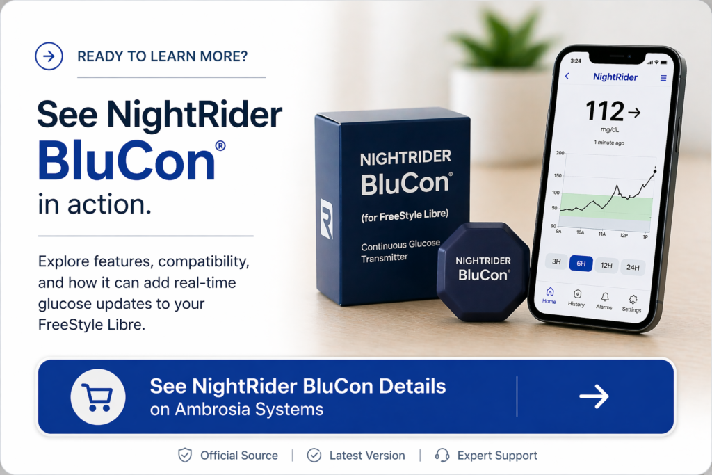 NightRider BluCon device with smartphone app showing real-time glucose tracking and Ambrosia Systems details
