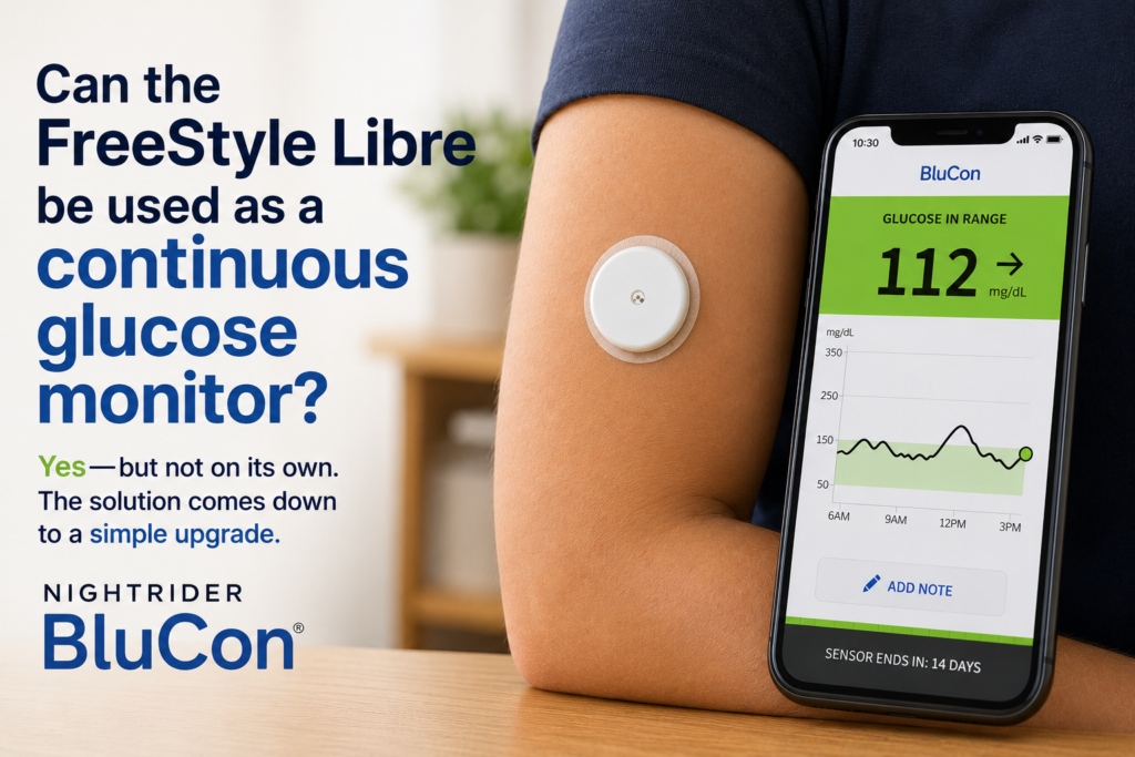 FreeStyle Libre sensor on arm with NightRider BluCon and smartphone showing real-time glucose data