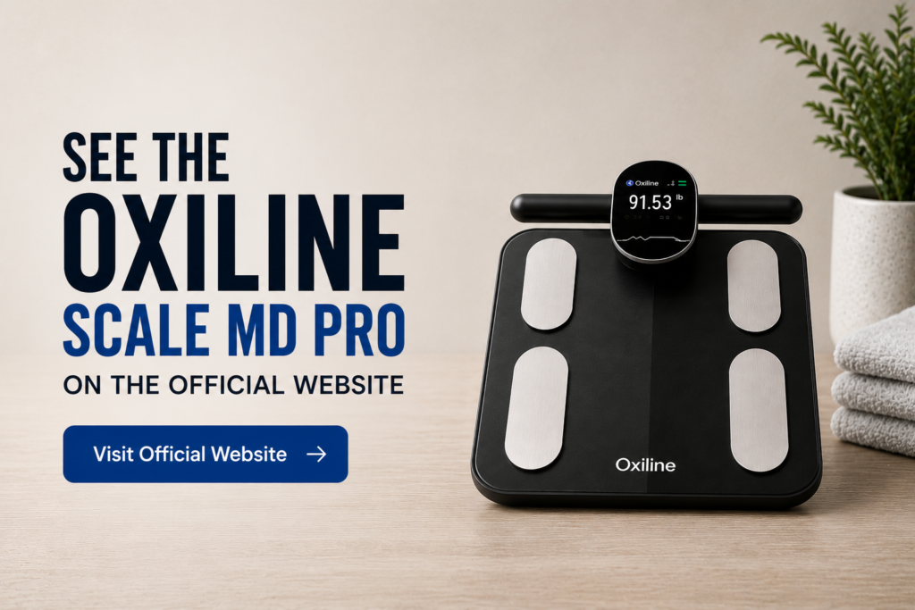 Oxiline Scale MD Pro smart scale on official website promotional image with modern black scale and CTA button