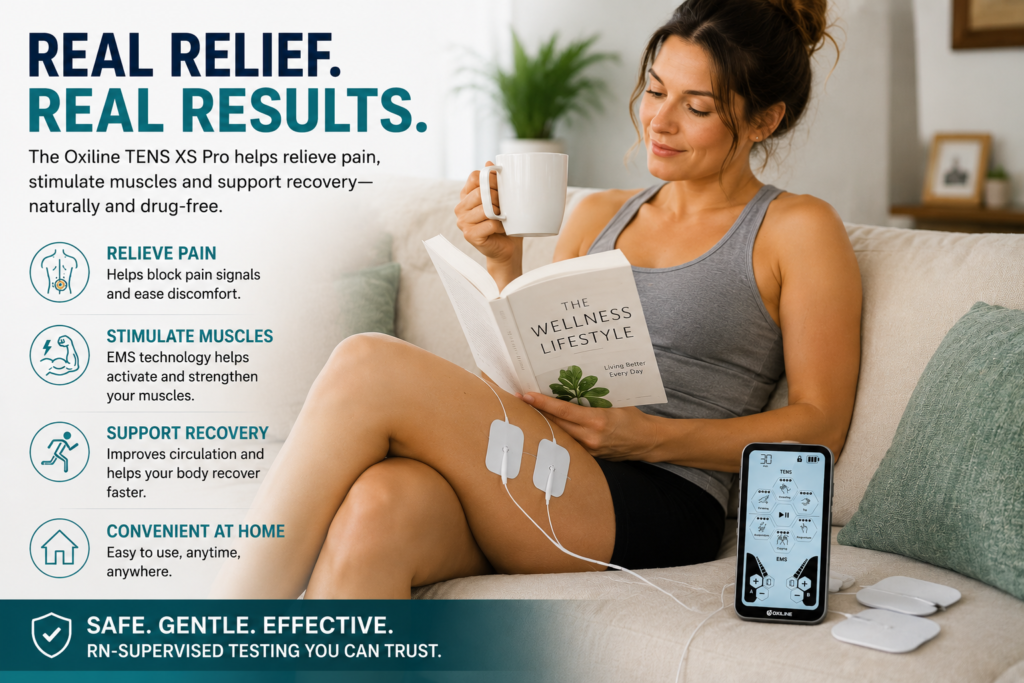 Woman relaxing on a couch using the Oxiline TENS XS Pro for muscle stimulation and pain relief while reading, highlighting at-home recovery, drug-free relief, and RN-supervised testing