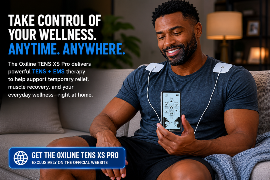 Man relaxing at home using the Oxiline TENS XS Pro with shoulder pads for muscle recovery and temporary relief, featuring at-home TENS and EMS wellness support