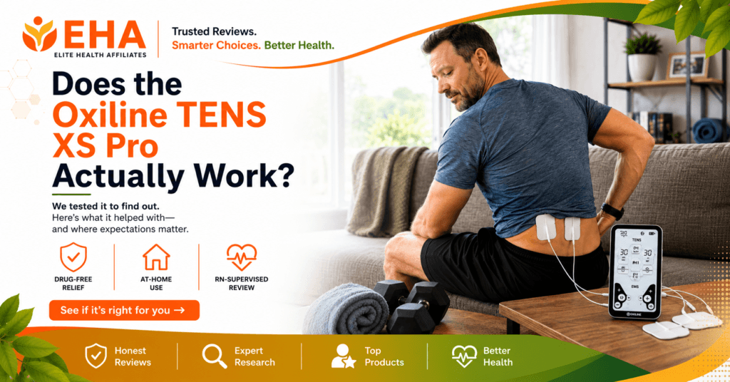 EHA branded Oxiline TENS XS Pro review image showing a man using TENS therapy pads for lower back pain at home, with drug-free relief, at-home use, RN-supervised review, and “see if it’s right for you” CTA highlighted.