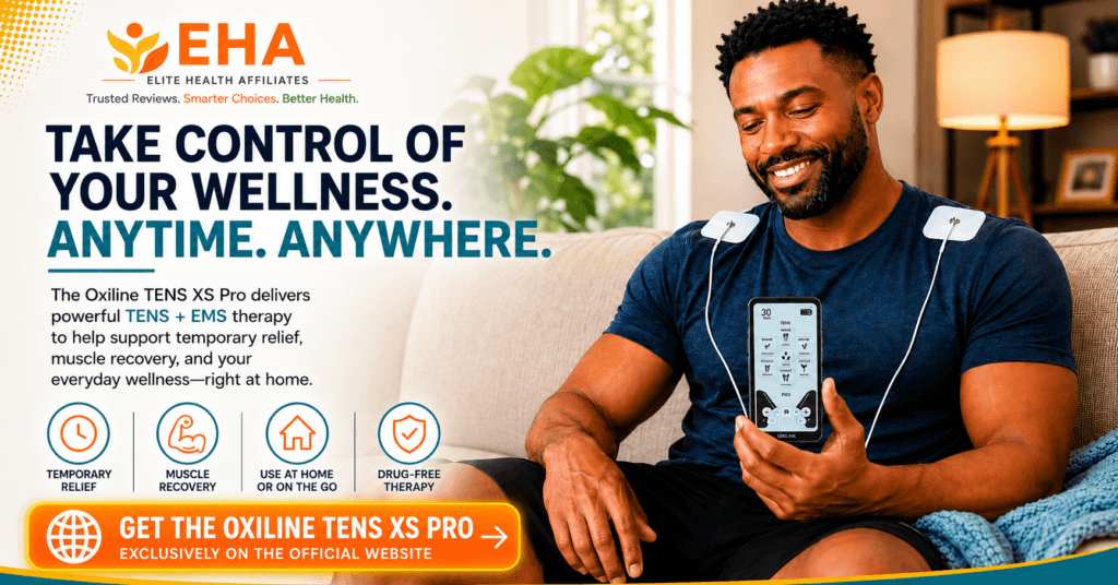 EHA branded Oxiline TENS XS Pro image showing a smiling man using TENS and EMS therapy at home, with temporary relief, muscle recovery, drug-free therapy, and official website CTA highlighted.
