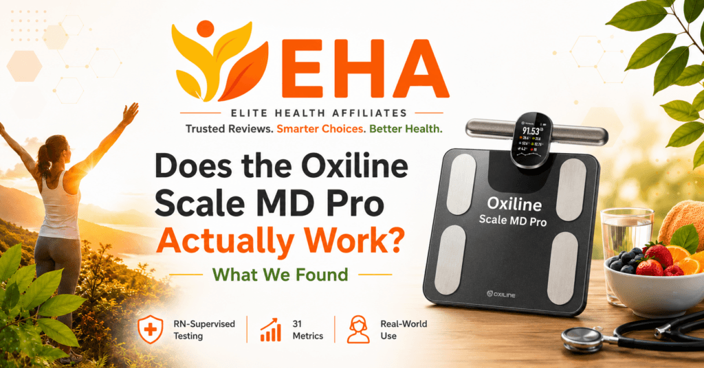 Oxiline Scale MD Pro with handheld sensor featured in an EHA-branded image asking whether the smart scale actually works, with RN-supervised testing and real-world use highlighted
