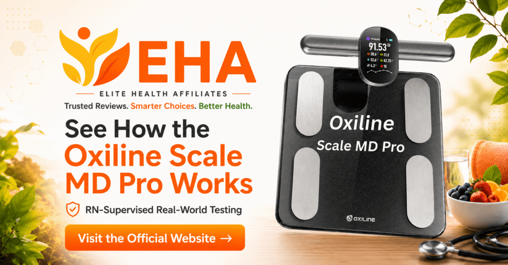 Oxiline Scale MD Pro with handheld sensor in an EHA-branded image explaining how the smart scale works, with RN-supervised real-world testing and a call to visit the official website