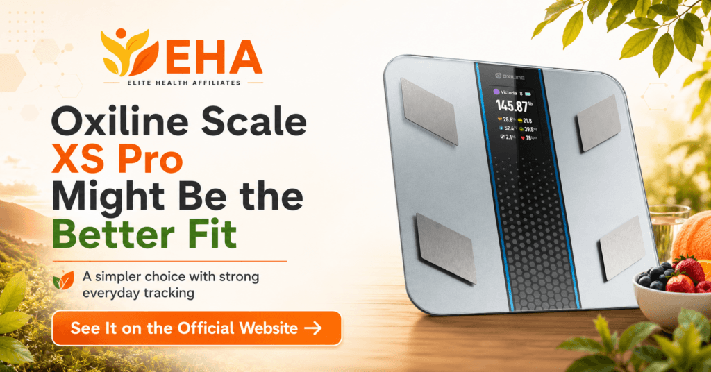 Oxiline Scale XS Pro in an EHA-branded image presented as a simpler smart scale option for everyday tracking, with a call to see it on the official website
