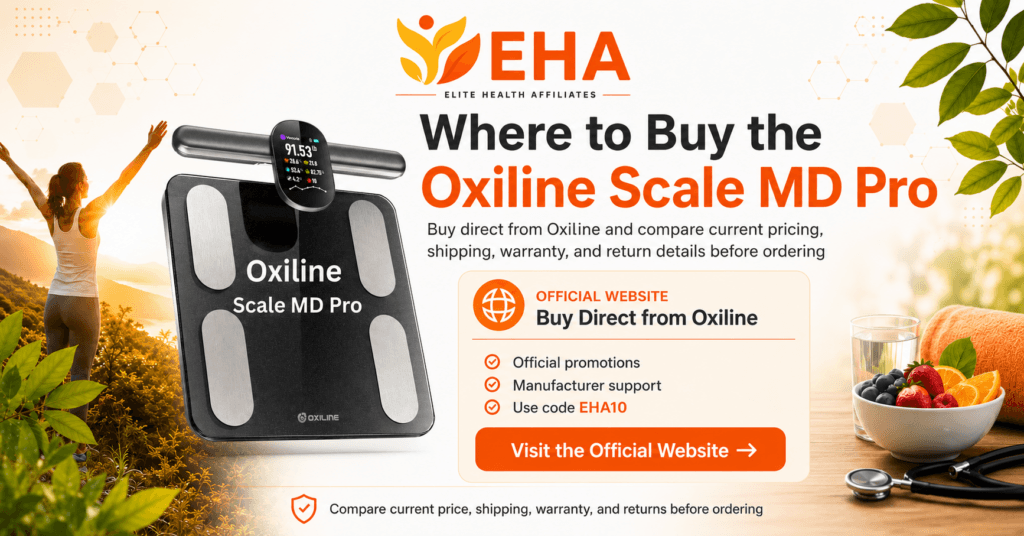 Oxiline Scale MD Pro with handheld sensor in an EHA-branded direct-purchase image featuring official-site benefits and discount code EHA10