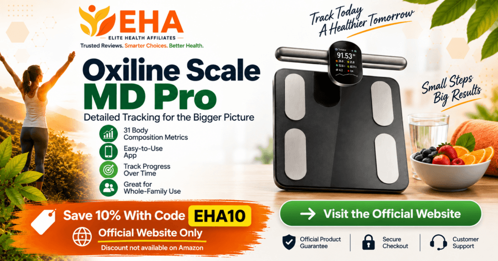 Oxiline Scale MD Pro with EHA branding, 31 body composition metrics, progress tracking, and 10% discount code EHA10 available on eligible official website orders only