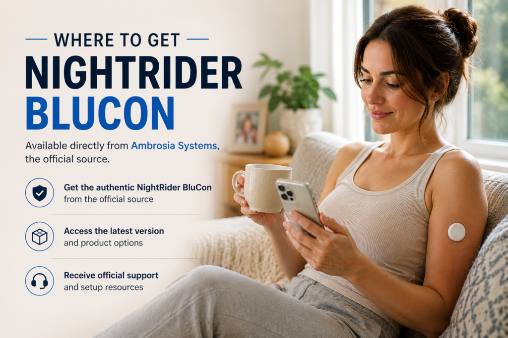 Person wearing NightRider BluCon with FreeStyle Libre while checking glucose data on smartphone at home
