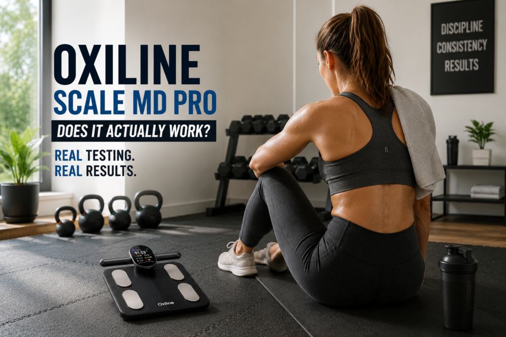 Woman working out in home gym with the Oxiline Scale MD Pro next to her