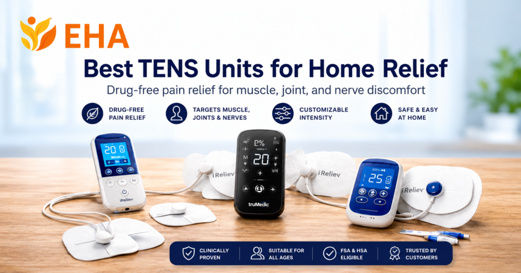Best TENS units for home relief featuring portable electrical stimulation devices and therapy pads designed for drug-free muscle, joint, and nerve pain management at home.
