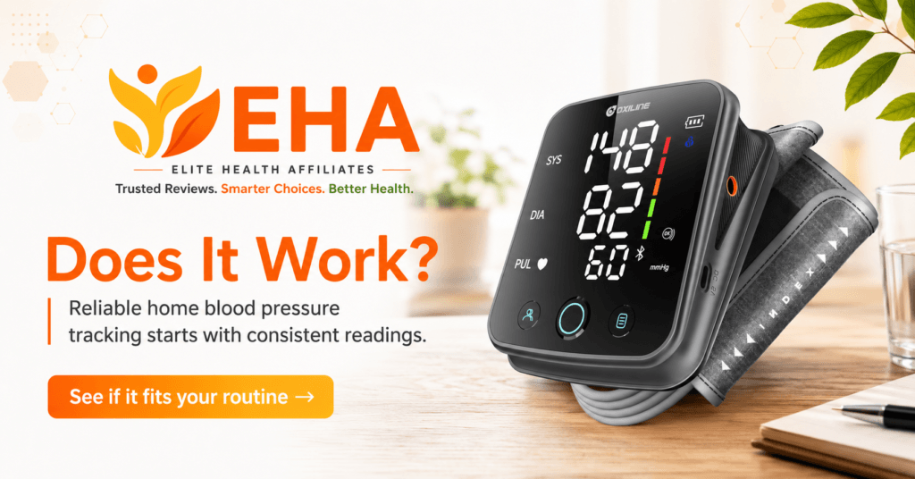 Oxiline Pressure XS Pro blood pressure monitor with EHA branding, asking “Does It Work?” and highlighting reliable home blood pressure tracking with consistent readings.