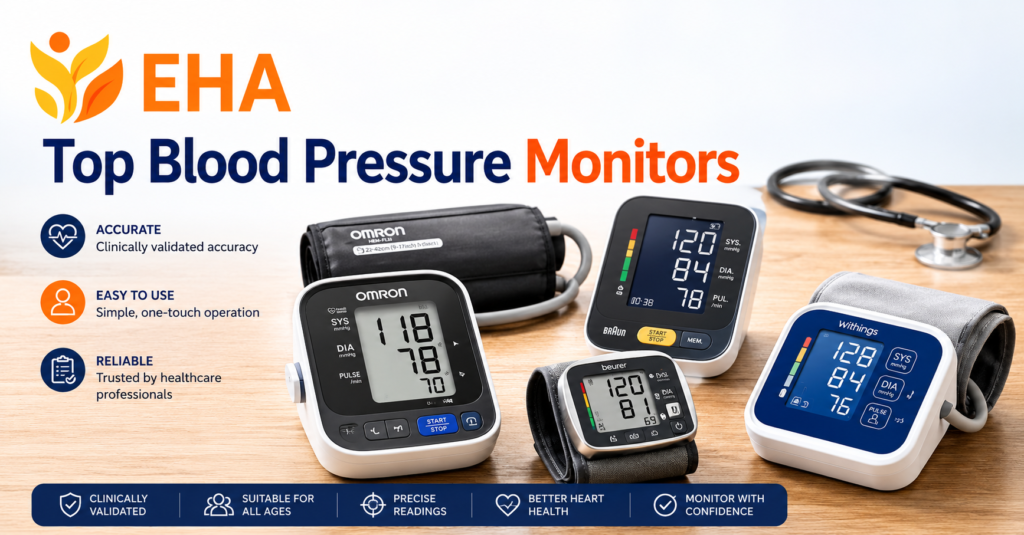 Top blood pressure monitors comparison featuring upper-arm and wrist blood pressure machines from leading brands on a wooden table, with EHA branding and trusted monitoring features highlighted.