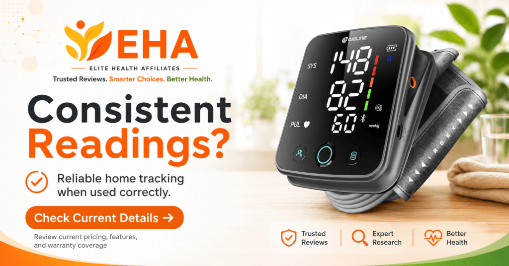 Oxiline Pressure XS Pro blood pressure monitor with EHA branding, highlighting consistent readings, reliable home tracking, and a check current details CTA.