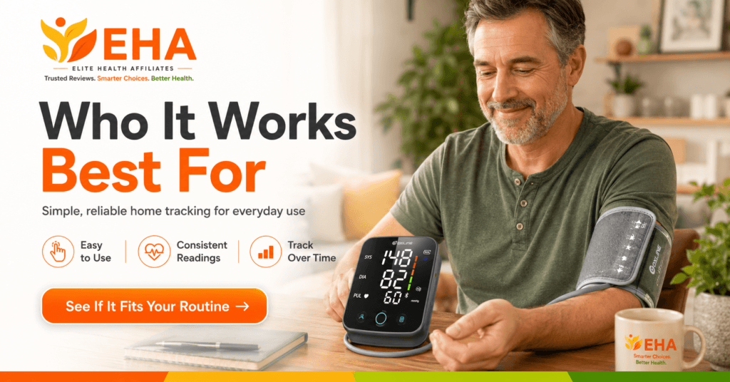 Man using the Oxiline Pressure XS Pro blood pressure monitor at home with EHA branding, showing who it works best for, easy use, consistent readings, and tracking over time.