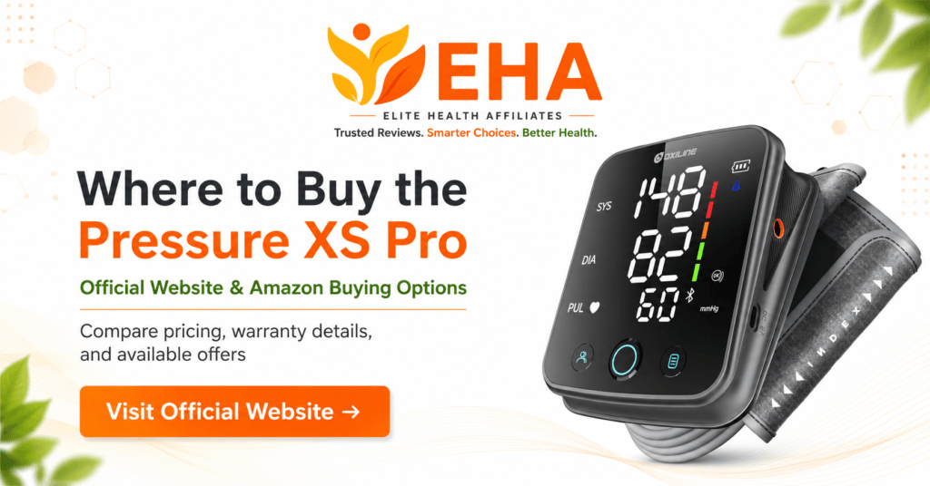 EHA-branded image showing where to buy the Oxiline Pressure XS Pro, featuring the actual monitor, official website and Amazon buying options, and a Visit Official Website CTA.