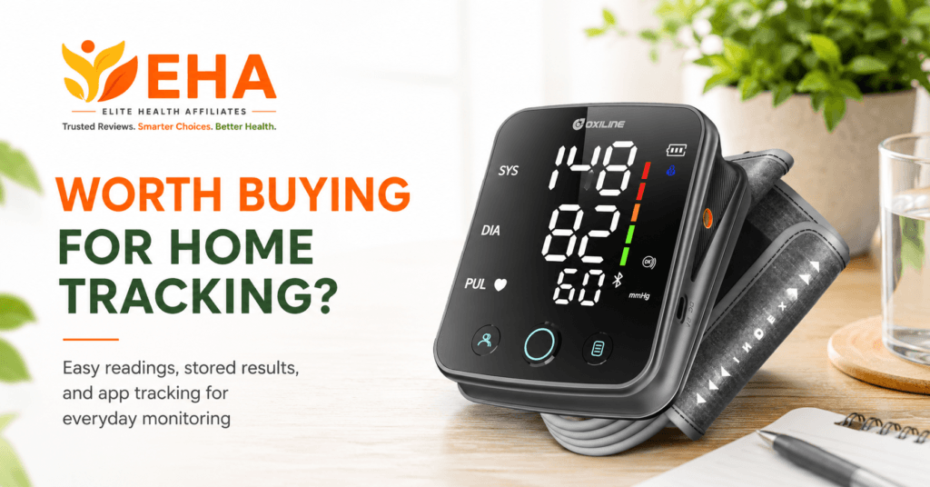 Oxiline Pressure XS Pro blood pressure monitor with EHA branding, asking if it is worth buying for home tracking and highlighting easy readings, stored results, and app tracking for everyday monitoring.