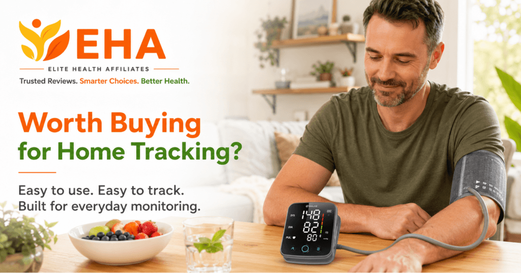 Man using the Oxiline Pressure XS Pro blood pressure monitor at home with EHA branding, highlighting whether it is worth buying for easy home tracking and everyday monitoring.
