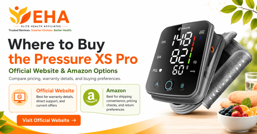 EHA-branded where to buy image for the Oxiline Pressure XS Pro, showing official website and Amazon buying options with a Visit Official Website CTA.