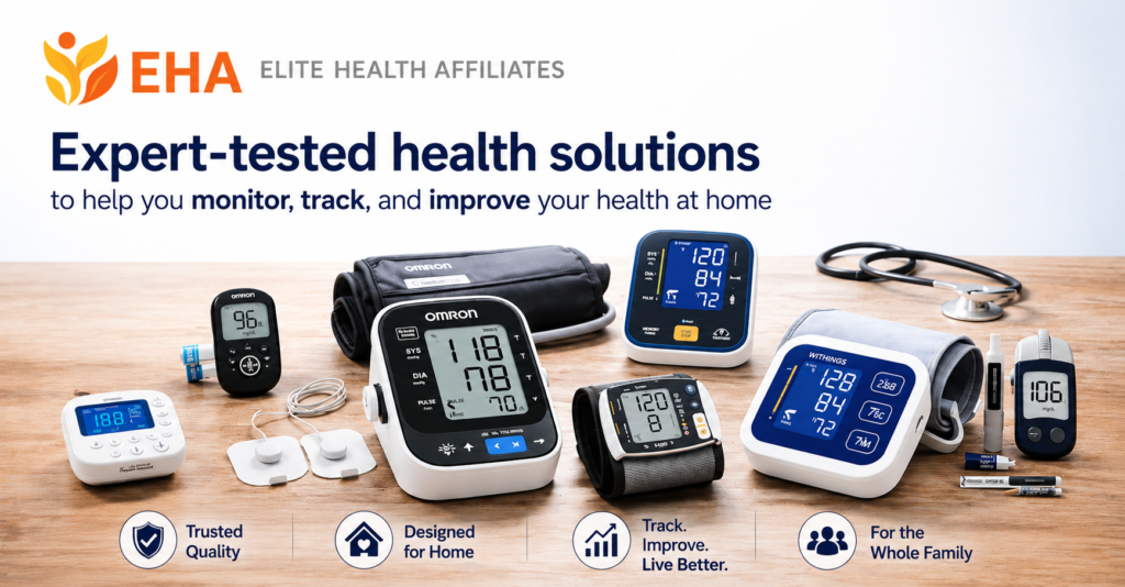 Health monitoring devices including blood pressure monitors, glucose meters, TENS units, and smart scales featured by Elite Health Affiliates