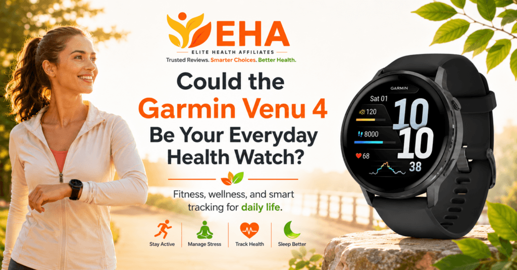 A woman wearing a smartwatch smiles during an outdoor wellness walk beside a Garmin Venu 4 product image with text asking if it could be your everyday health watch.
