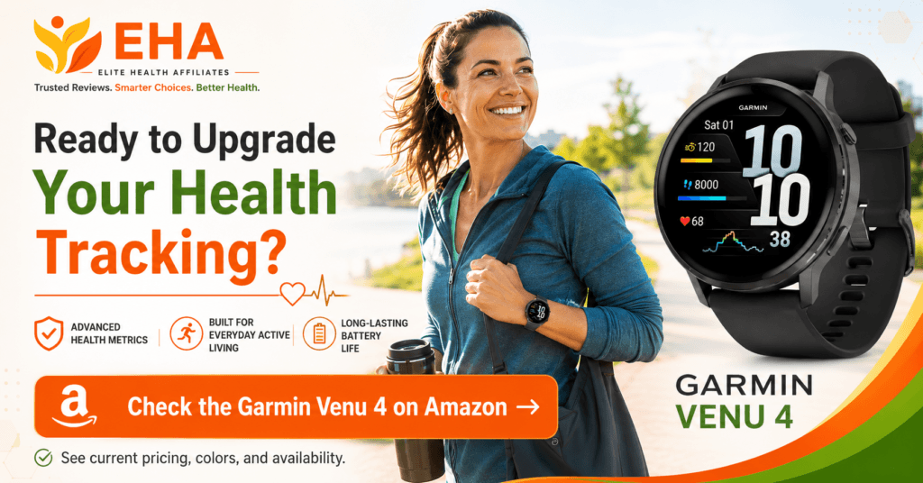 Smiling woman wearing a Garmin Venu 4 beside a large product image and EHA-branded Amazon call-to-action for upgrading health tracking.