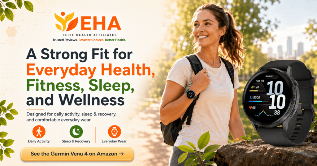 Active woman wearing a smartwatch beside a Garmin Venu 4 product image with EHA-branded text highlighting everyday health, fitness, sleep, and wellness tracking.
