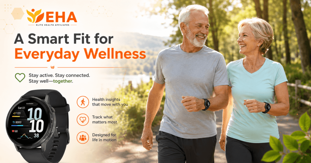 Older couple wearing Garmin smartwatches while walking outdoors together beside an EHA-branded wellness graphic about everyday health tracking.
