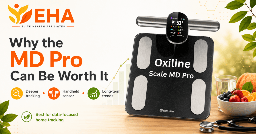 Oxiline Scale MD Pro with handheld sensor in an EHA-branded image highlighting deeper tracking, long-term trends, and why the smart scale can be worth it for data-focused home use