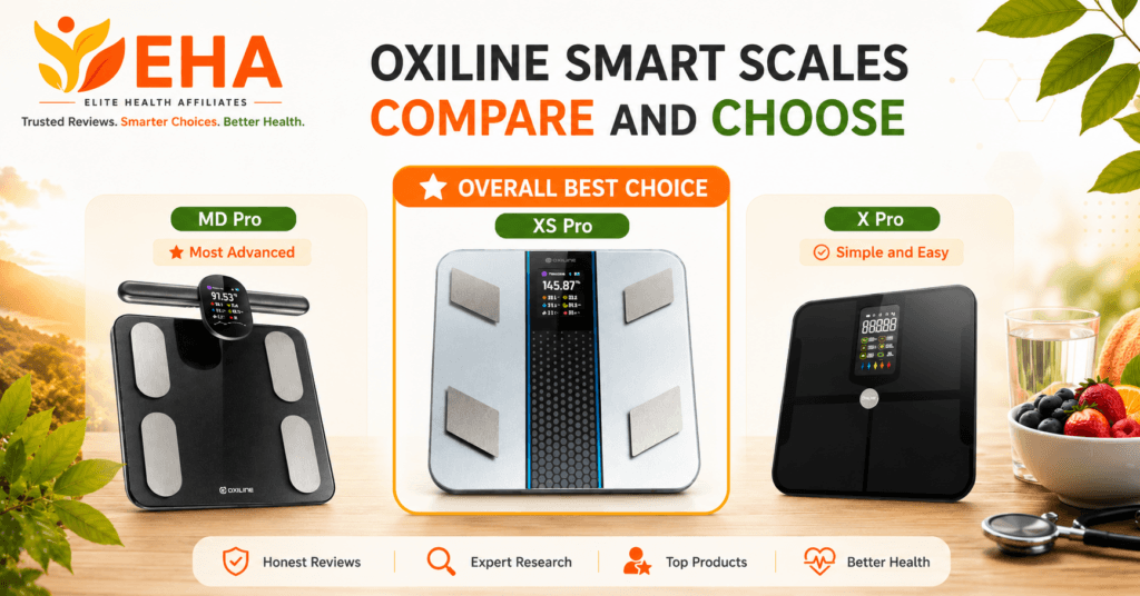 Oxiline Scale MD Pro, Oxiline Scale XS Pro, and Oxiline Scale X Pro compared in an EHA-branded image naming the Oxiline Scale XS Pro as the overall best choice