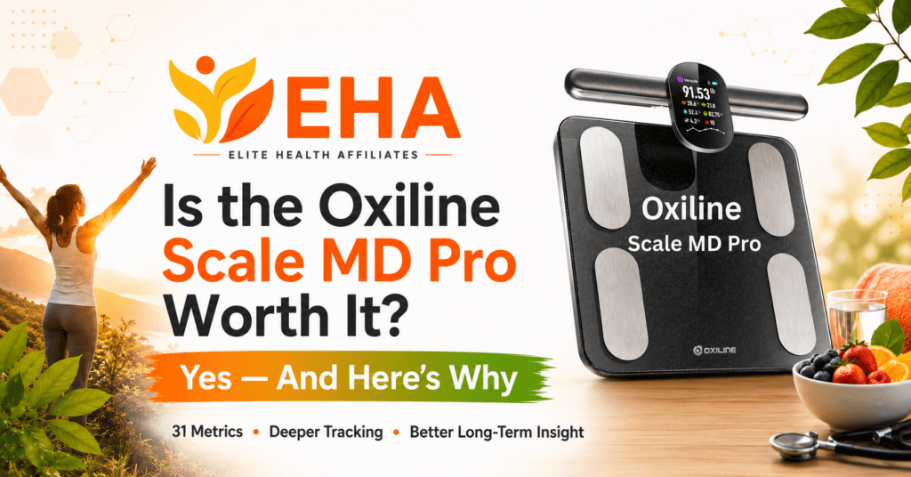 Oxiline Scale MD Pro with handheld sensor in an EHA-branded featured image explaining why the smart scale is worth it for deeper body-composition tracking