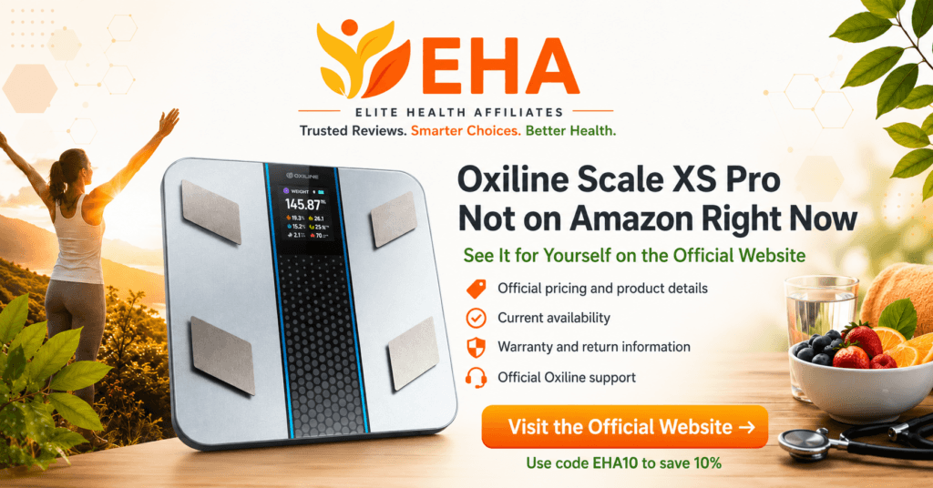 Oxiline Scale XS Pro in an EHA-branded image explaining that it is not currently available on Amazon and directing readers to the official Oxiline website for pricing, availability, warranty details, and support