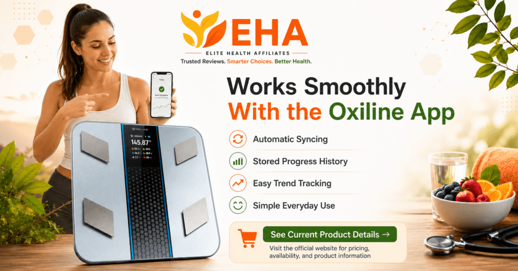 Woman using the Oxiline Scale XS Pro with the Oxiline app in an EHA-branded image highlighting automatic syncing, stored progress history, trend tracking, and simple everyday use