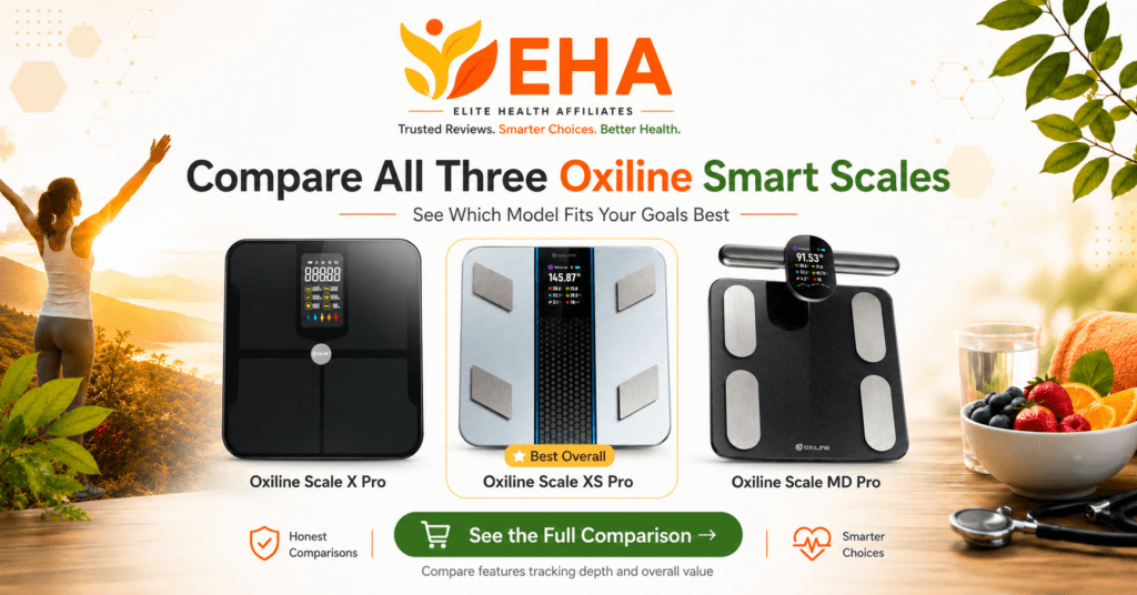 Oxiline Scale X Pro, Oxiline Scale XS Pro, and Oxiline Scale MD Pro compared in an EHA-branded image, with the Oxiline Scale XS Pro highlighted as the best overall choice and a call to view the full comparison.