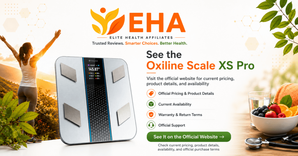 Oxiline Scale XS Pro in an EHA-branded image directing readers to the official website for current pricing, availability, warranty and return terms, and official support