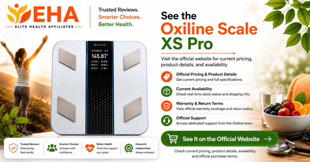 Oxiline Scale XS Pro in an EHA-branded image directing readers to the official website for current pricing, availability, warranty and return terms, and official support.