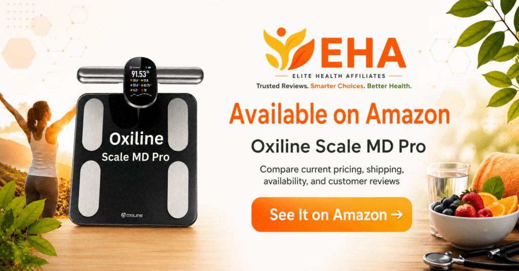 Oxiline Scale MD Pro with handheld sensor in an EHA-branded Amazon image featuring current pricing, shipping, availability, and customer reviews