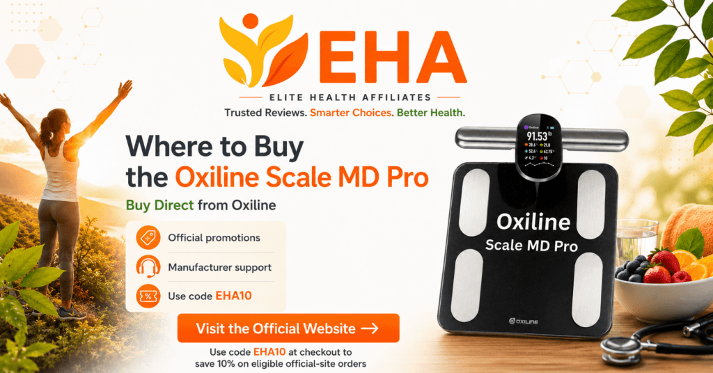 Oxiline Scale MD Pro with handheld sensor in an EHA-branded direct-purchase image highlighting official promotions, manufacturer support, and discount code EHA10