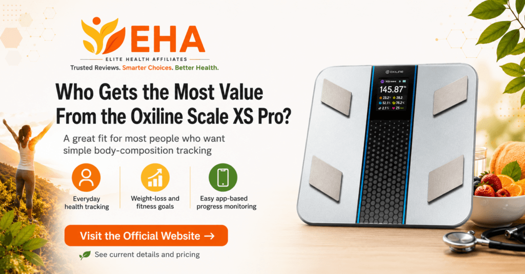 Oxiline Scale XS Pro in an EHA-branded image highlighting who gets the most value from its everyday body-composition tracking, fitness support, and app-based progress monitoring