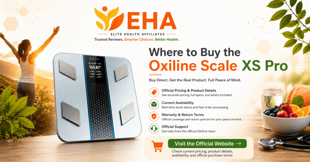 Oxiline Scale XS Pro in an EHA-branded where-to-buy image highlighting official pricing, current availability, warranty and return details, official support, and a call to visit the Oxiline website