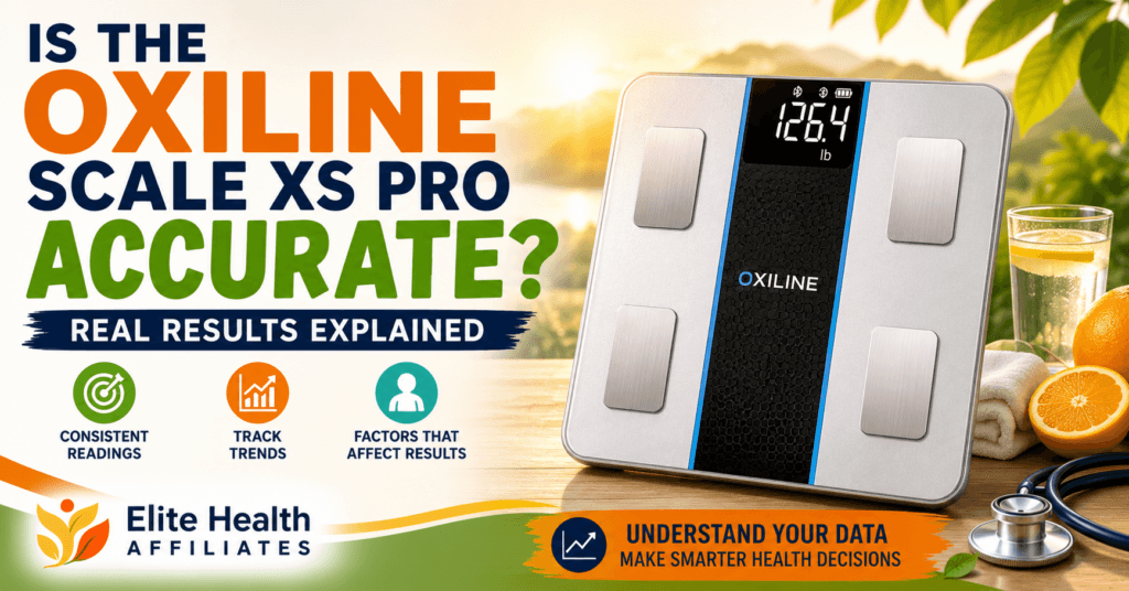 Oxiline Scale XS Pro in an EHA-branded featured image examining reading consistency, trend tracking, and factors that can affect body-composition results