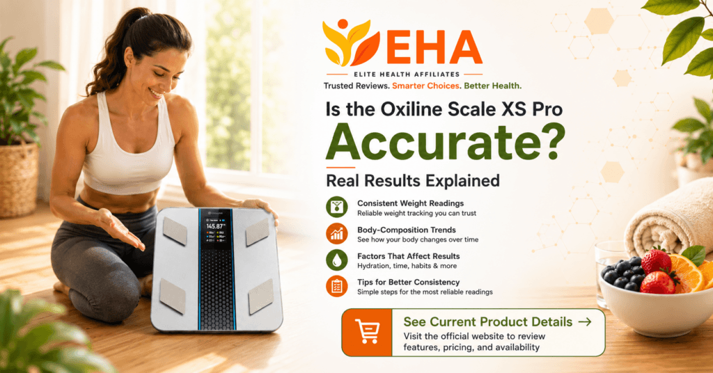 Woman presenting the Oxiline Scale XS Pro in an EHA-branded image explaining reading consistency, body-composition trends, and factors that can affect results
