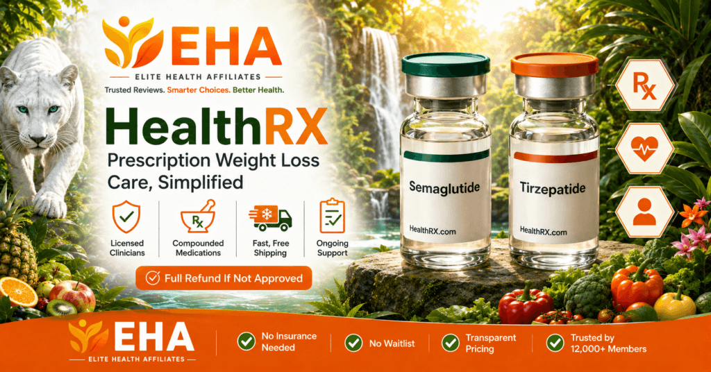 HealthRX prescription weight loss banner with semaglutide and tirzepatide vials, EHA branding, white panther, and tropical waterfall background