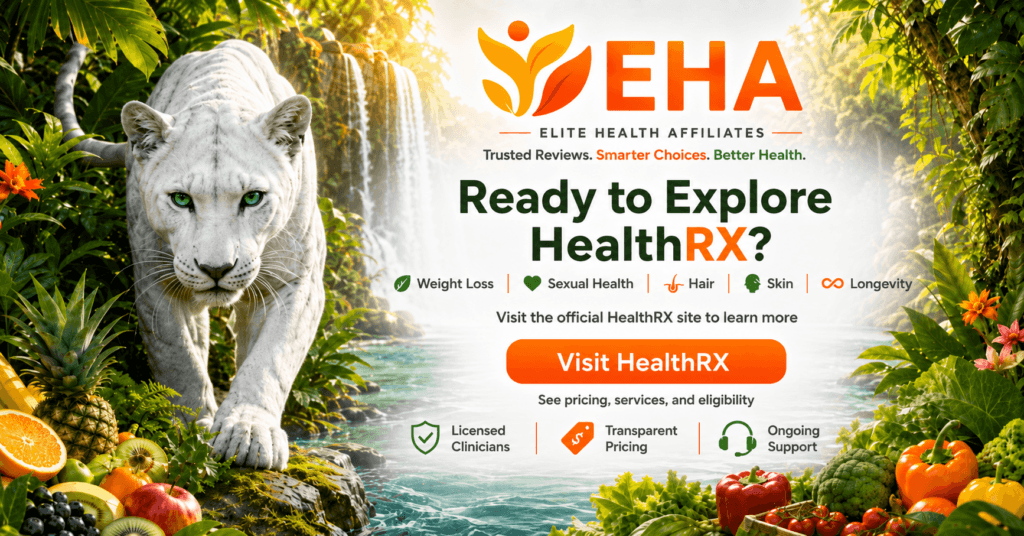 EHA-branded HealthRX banner with white panther, tropical waterfall, Visit HealthRX CTA, and telehealth service highlights